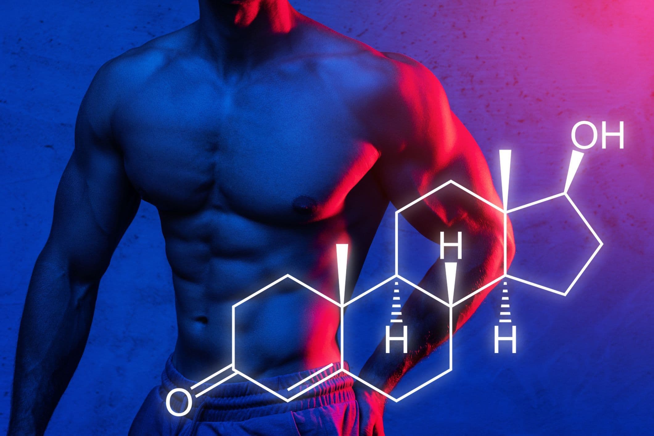 The structural formula for testosterone and a muscular male body