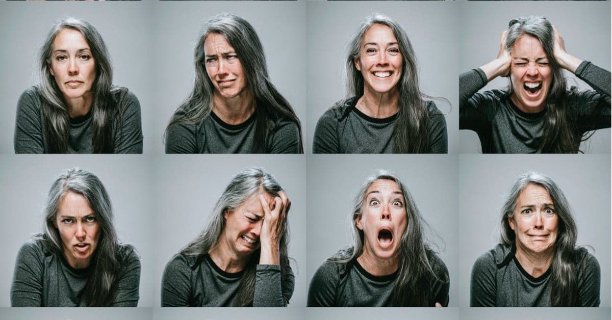 Woman with severe mood swings - collage of different emotional facial expressions
