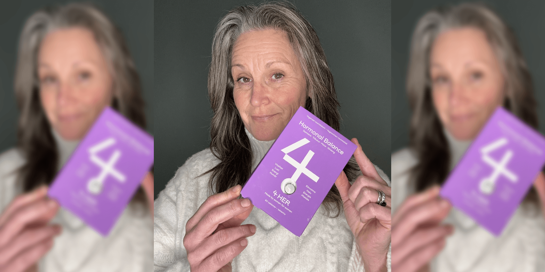 Anna Sofia pitelee 4HER Hormonal Balance -pakkausta.