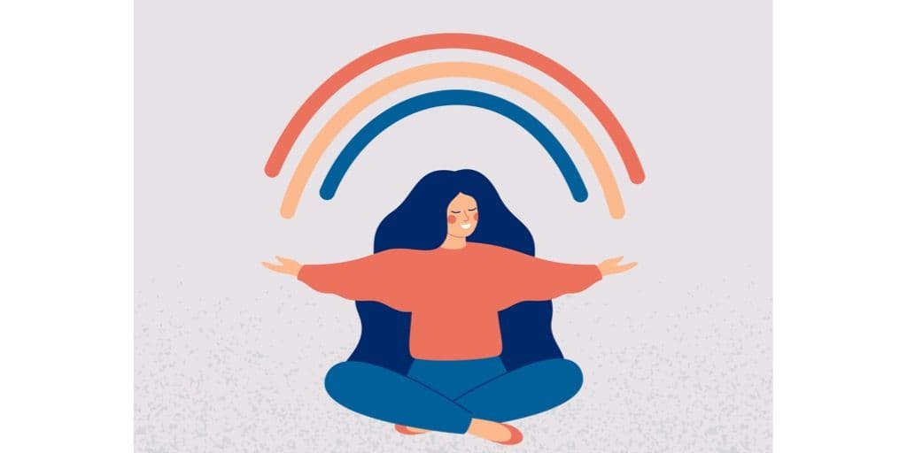 Illustration av en kvinna som mediterar med en regnbåge över huvudet