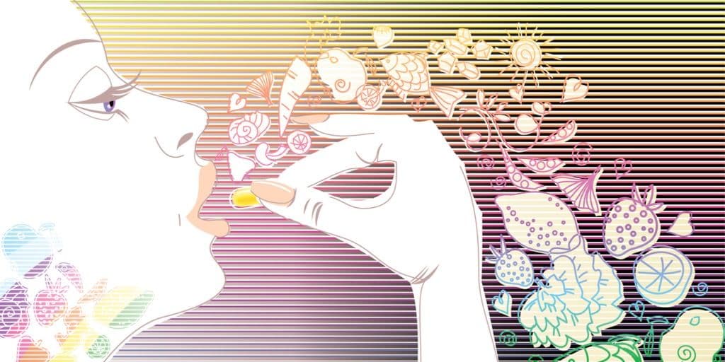 Fargerik illustrasjon av kvinne som putter et kosttilskudd i munnen