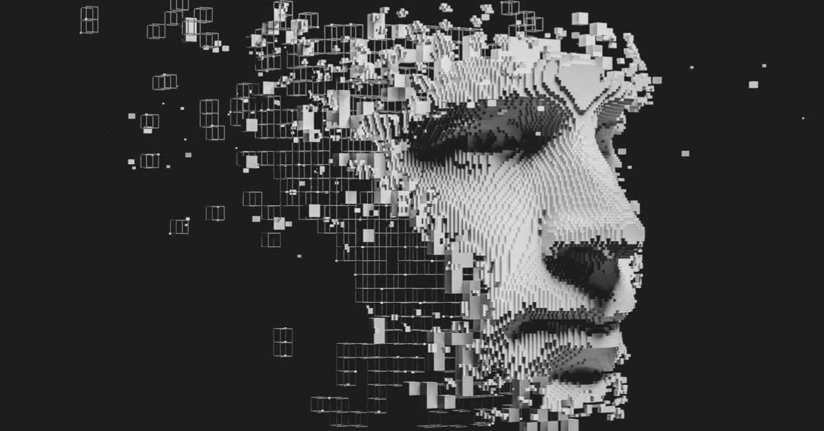 Kuva miehen kasvoista, jotka on tehty pienistä kuutioista, jotka sekoittuvat yhteen ja muodostavat hänen kasvonsa