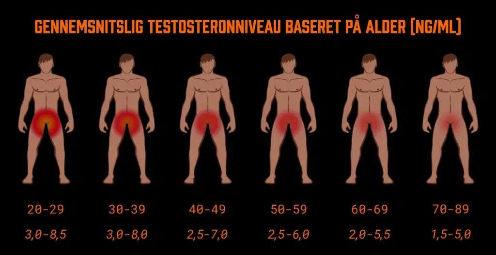 Oversigt over det gennemsnitslige testosteronniveau baseret på alder. Tabellen viser at testosteronniveauet begynder at falde i 30'erne