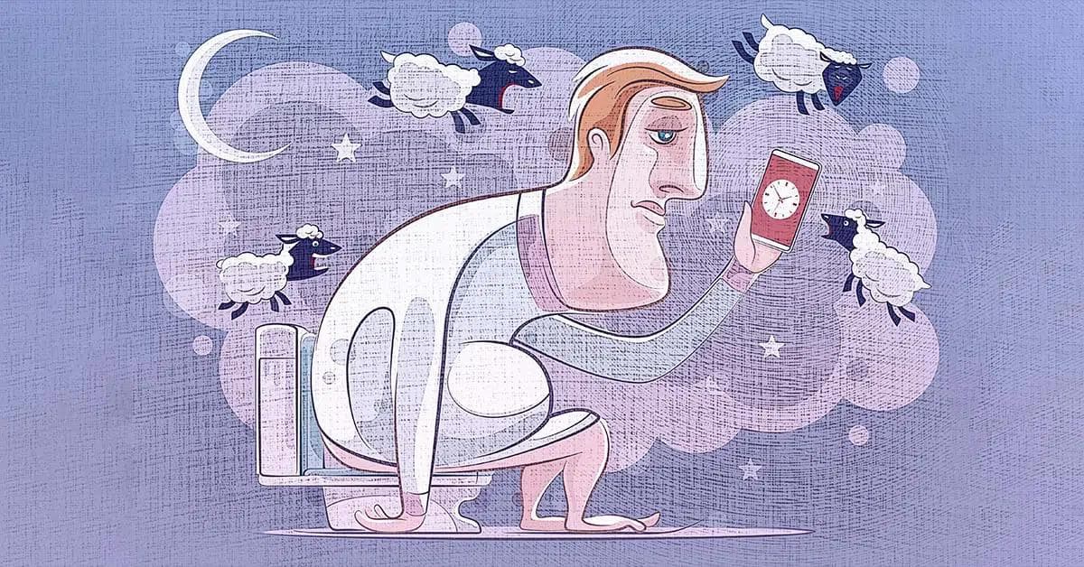 Illustration af en træt mand, som sidder på toilet om natten pga. godartet forstørret prostata