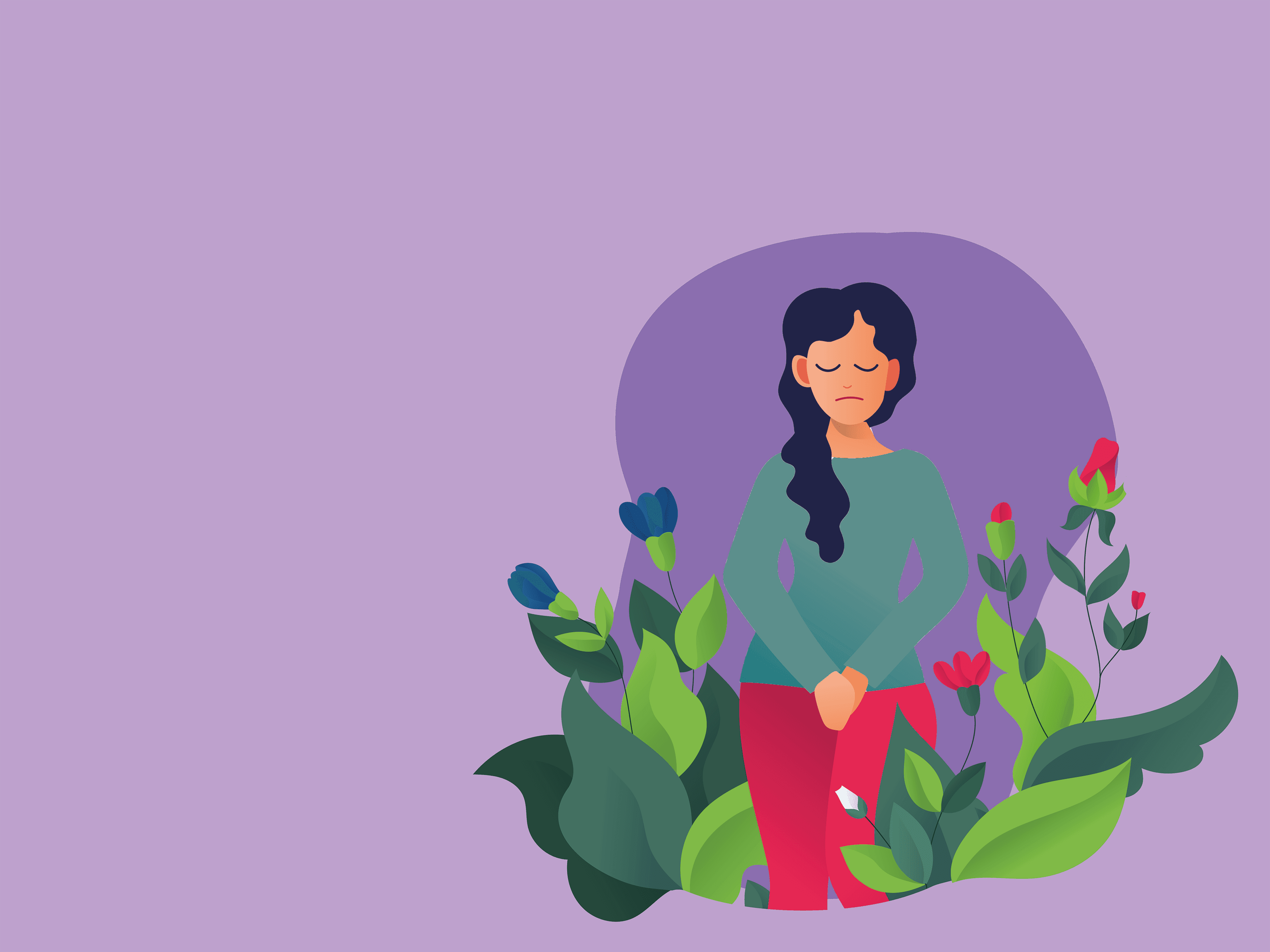 Kvinde med lukkede øjne omgivet af blomster