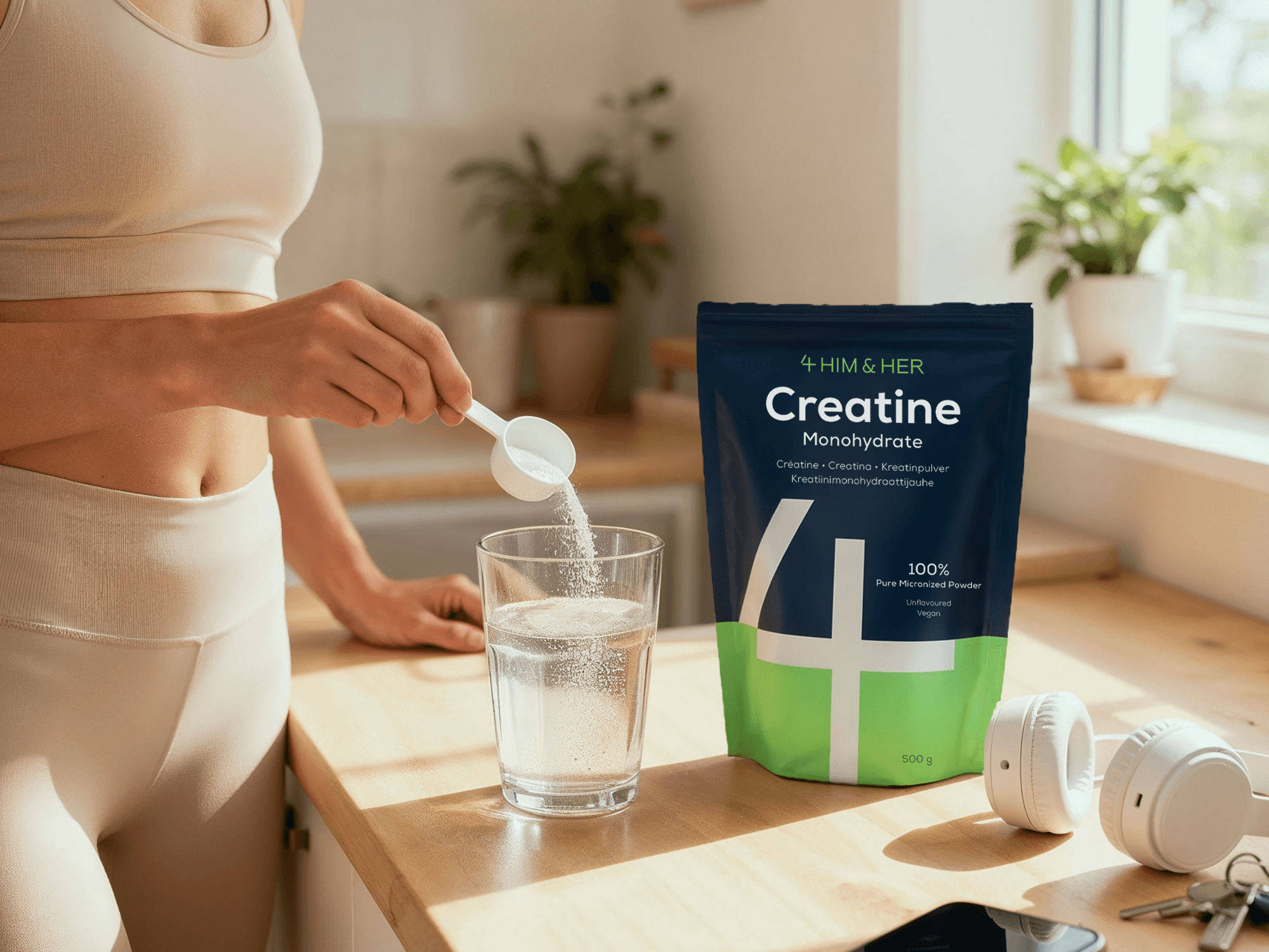 Kvinde i træningstøj blander kreatintilskud i et glas vand