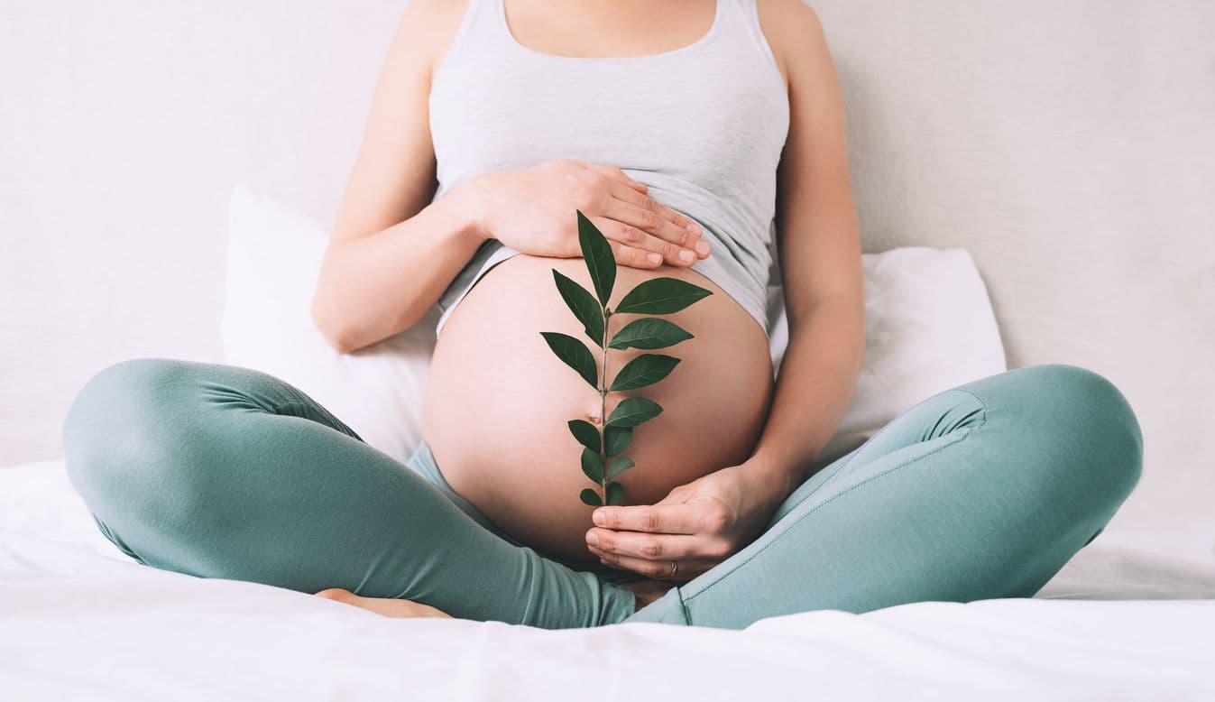 Gravid kvinna som håller handen på magen. Som gravid är det extra viktigt att få i sig tillräckligt med a-vitamin