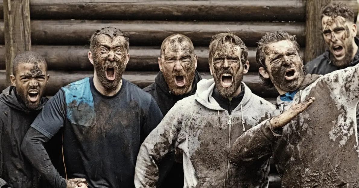 En gruppe af maskuline mænd, tilsølet i mudder og brølende af styrke