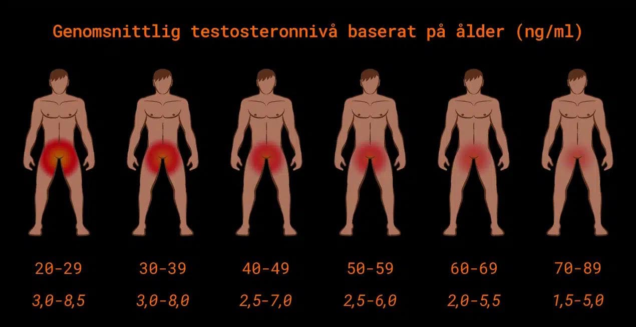 Tabell över de genomsnittliga testosteronnivåerna för män under varje årtionde. Mängden minskar, vilket kan orsaka förlust av sexlust eller minskad sexlust.