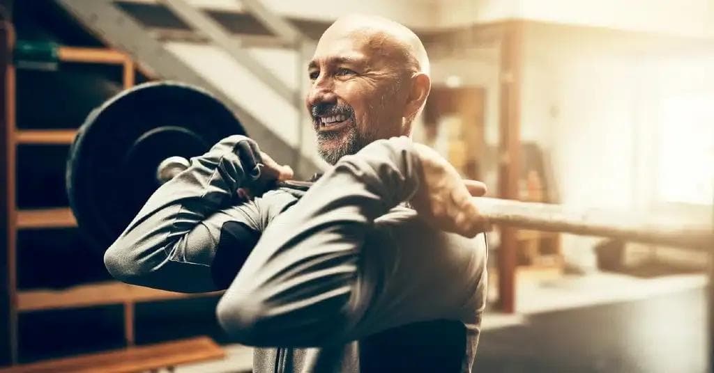 Smiling man lifting weights for testosterone training