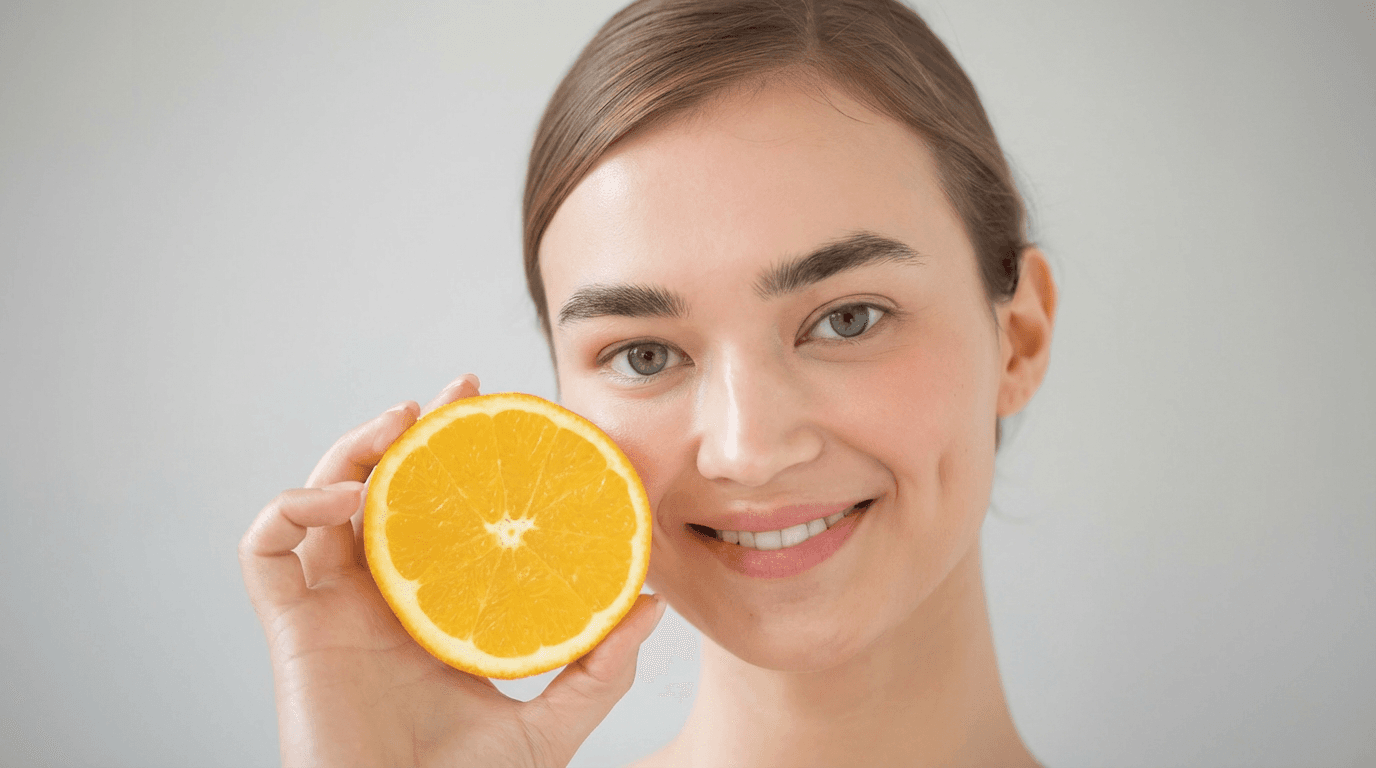 C-vitamin i fokus: en kvinna med frisk hy håller en skivad apelsin mot ansiktet.