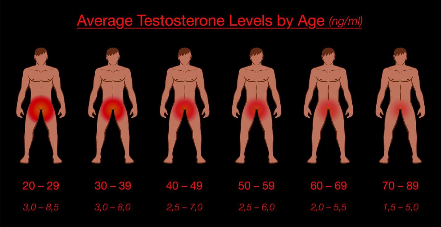 Table of average testosterone levels for men in each decade. The amount decreases, which can cause loss of sex drive or decreased sex drive.