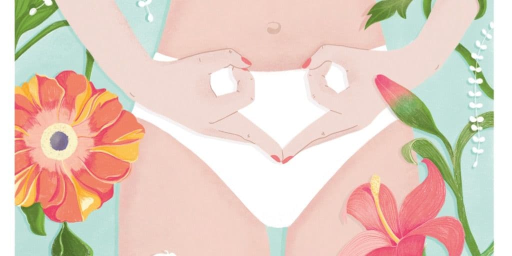 Illustration af en kvinde omgivet af frugtbare blomster