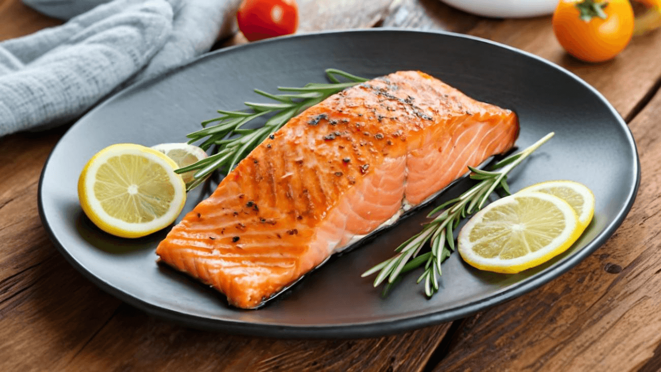 Tillagad lax på tallrik med citron och örter – ett exempel på mat som är rik på omega 3.