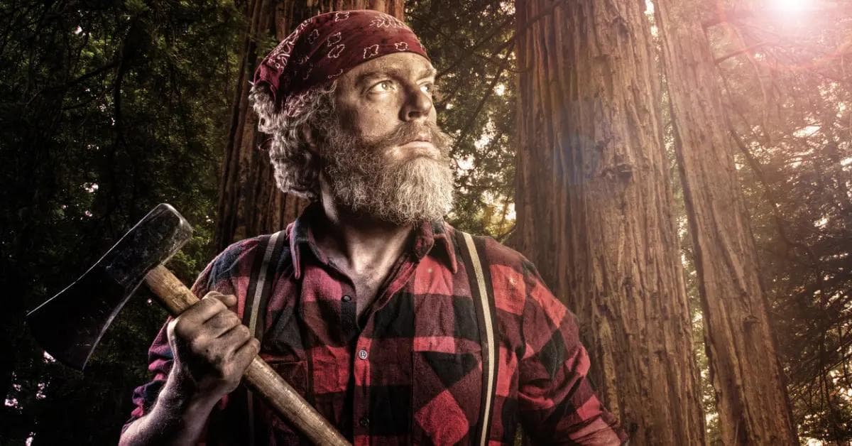 Stark, gråhårig man med yxa i skogen