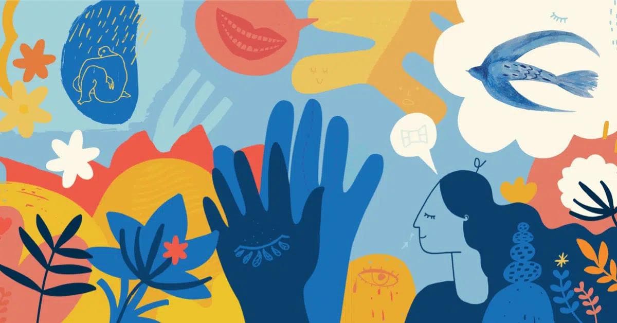 Farverig illustration af en kvinde, der mediterer i naturen