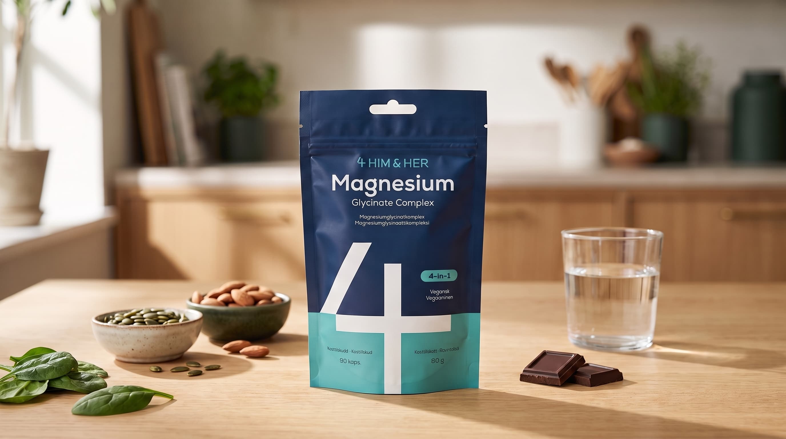 En påse 4 HIM & HER Magnesium Glycinate Complex på ett köksbord bredvid pumpafrön, mandlar, spenat, mörk choklad och ett glas vatten