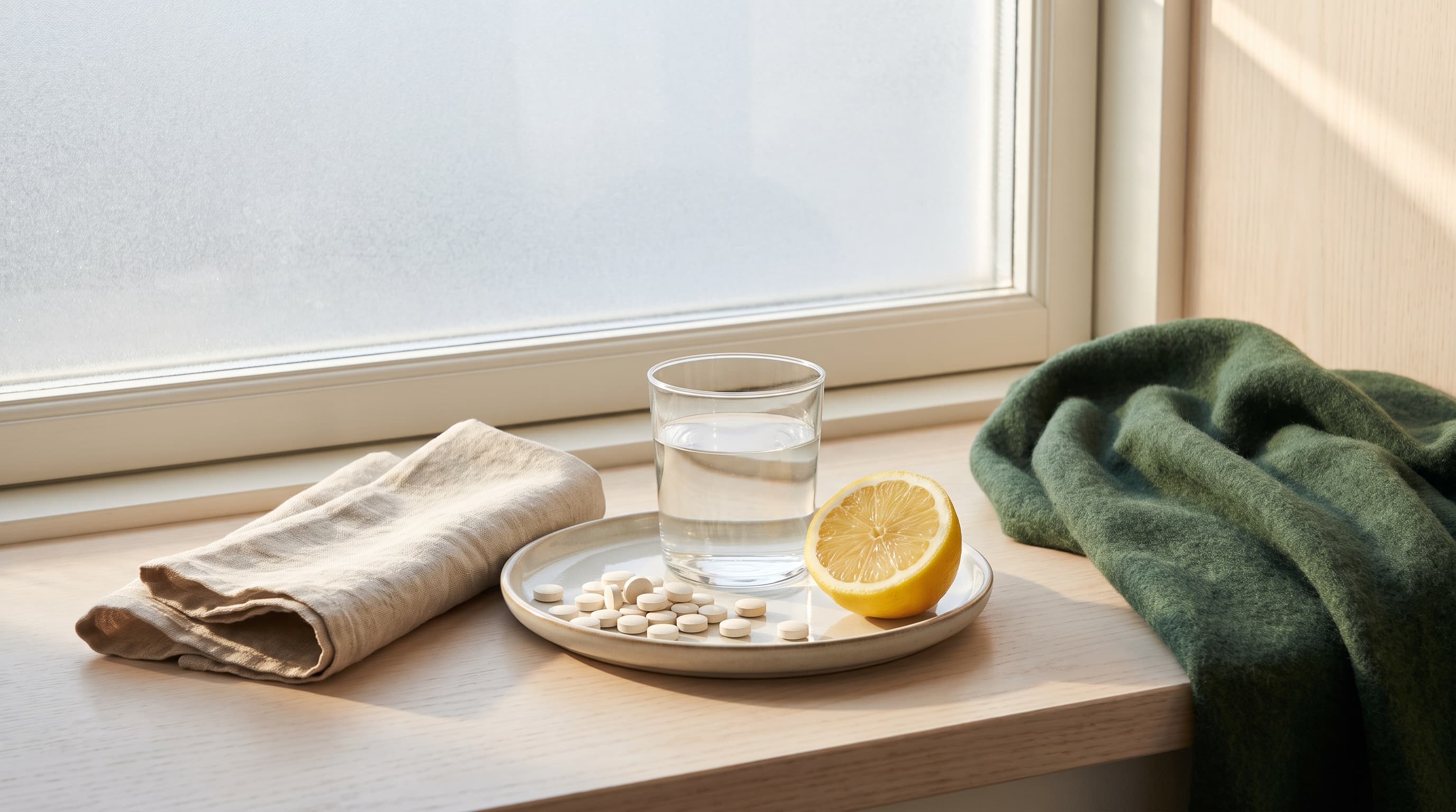 Kleine weiße Tabletten auf einem Teller neben einem Glas Wasser und einer halben Zitrone auf einer sonnigen Fensterbank, mit Leinenserviette und grüner Decke