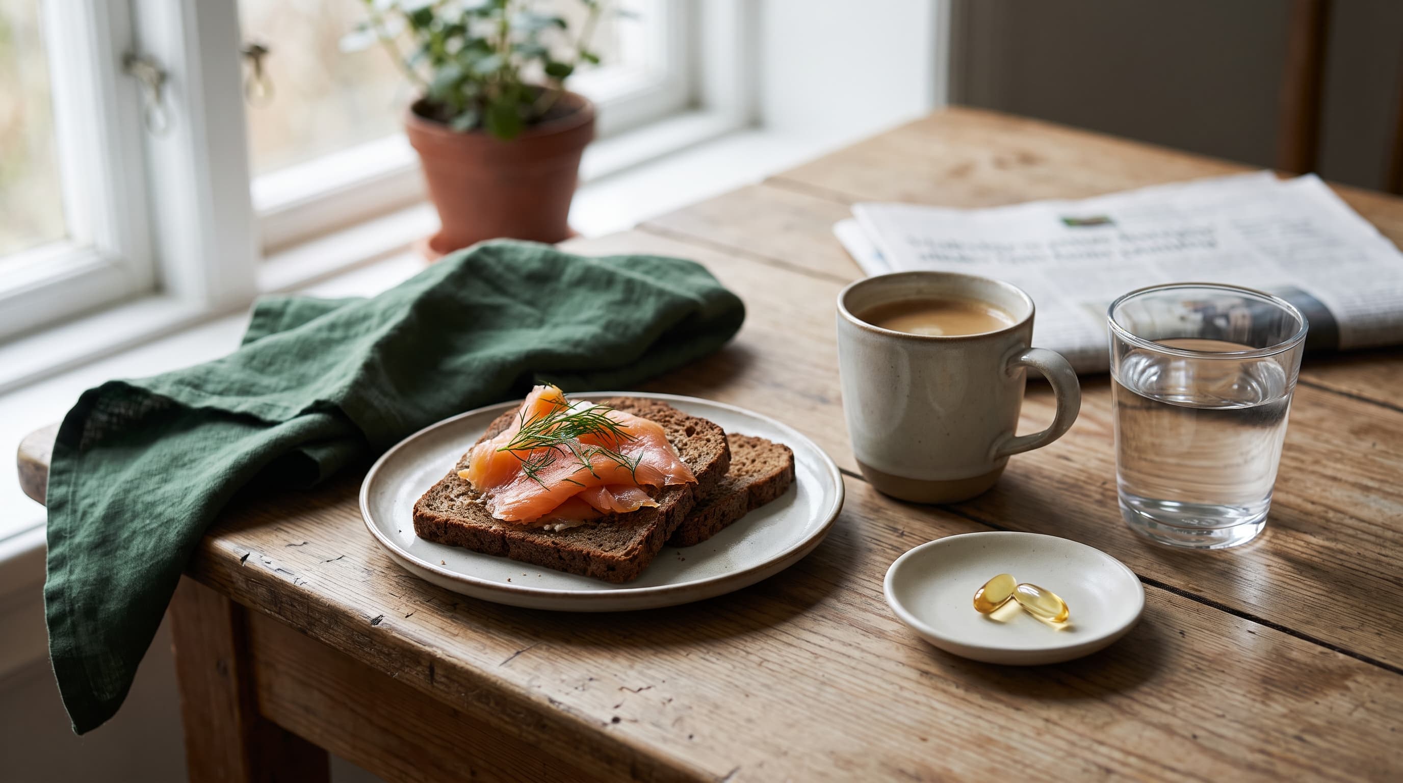 A breakfast table with a bowl of porridge, a glass of water and two omega-3 softgels on a small dish in morning light