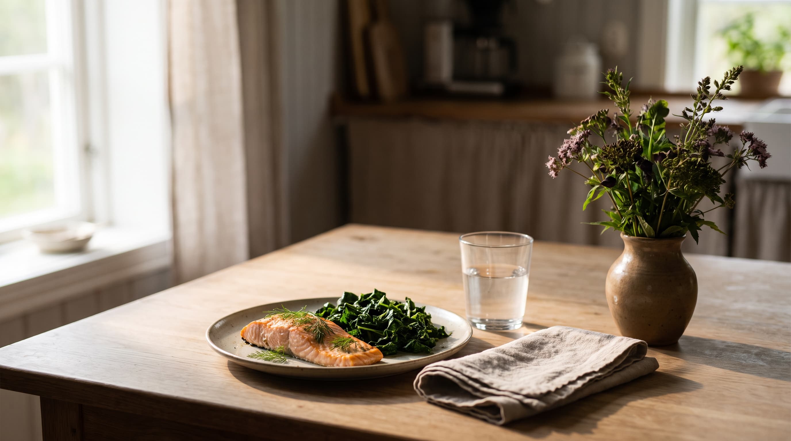 Femme enceinte assise à une table lumineuse devant une assiette de saumon cuit, de légumes et de pommes de terre