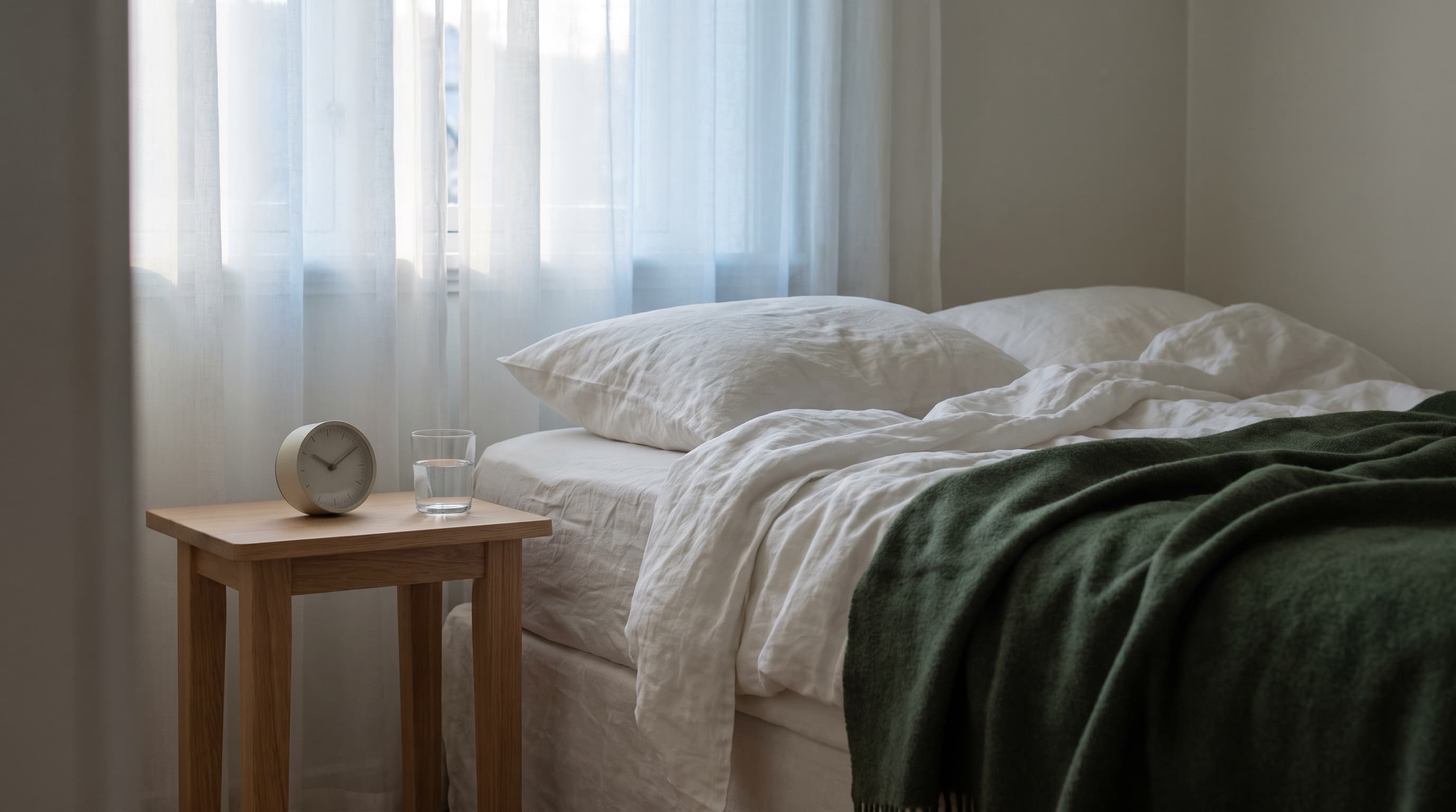Un dormitorio con la cama hecha a la luz de la mañana, sábanas blancas de lino, una manta verde y un despertador y un vaso de agua sobre una mesilla de madera