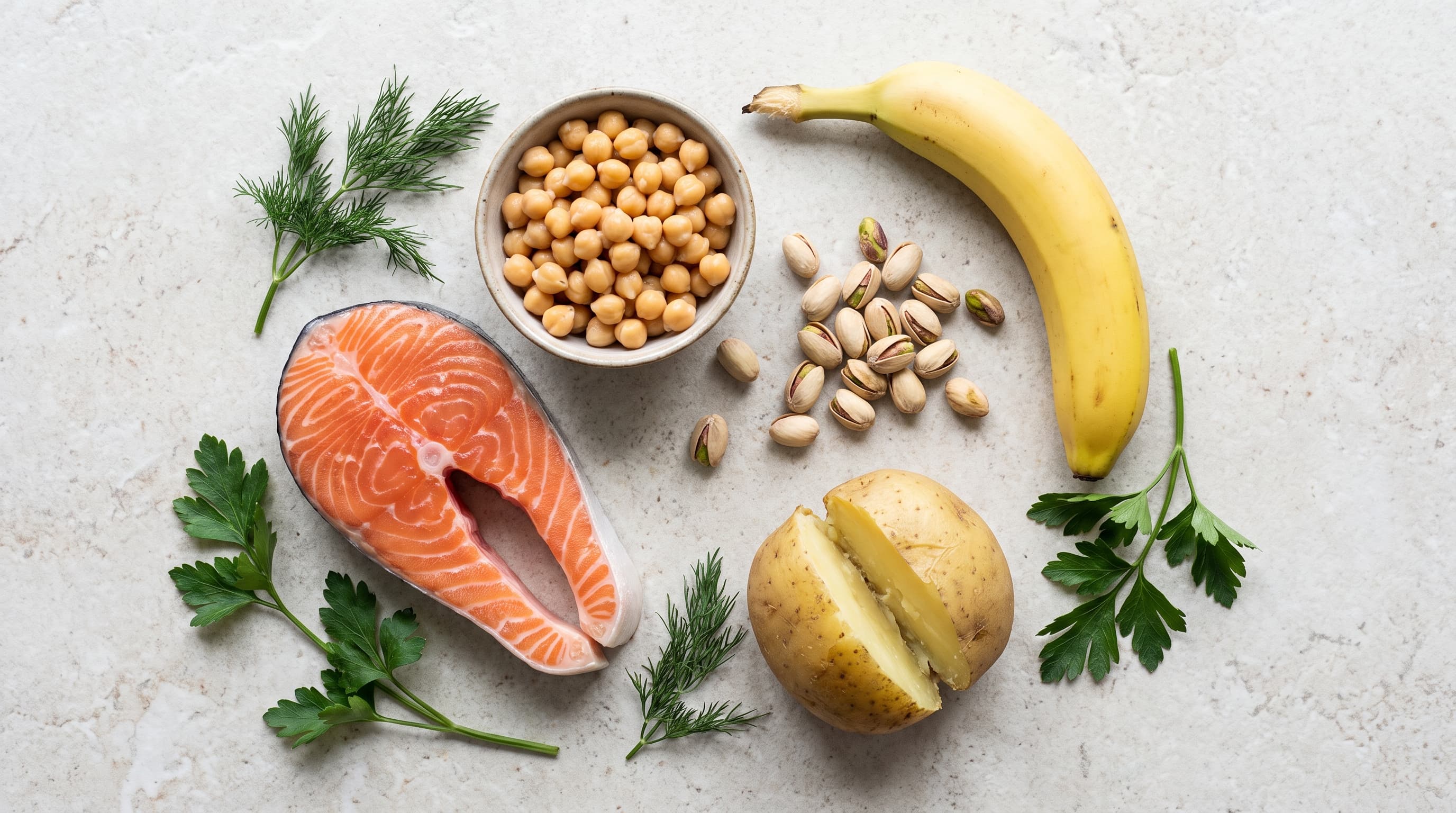 Aliments riches en vitamine B6 vus de dessus : un pavé de saumon, un bol de pois chiches, des pistaches, une banane et une pomme de terre coupée en deux, avec de l’aneth et du persil
