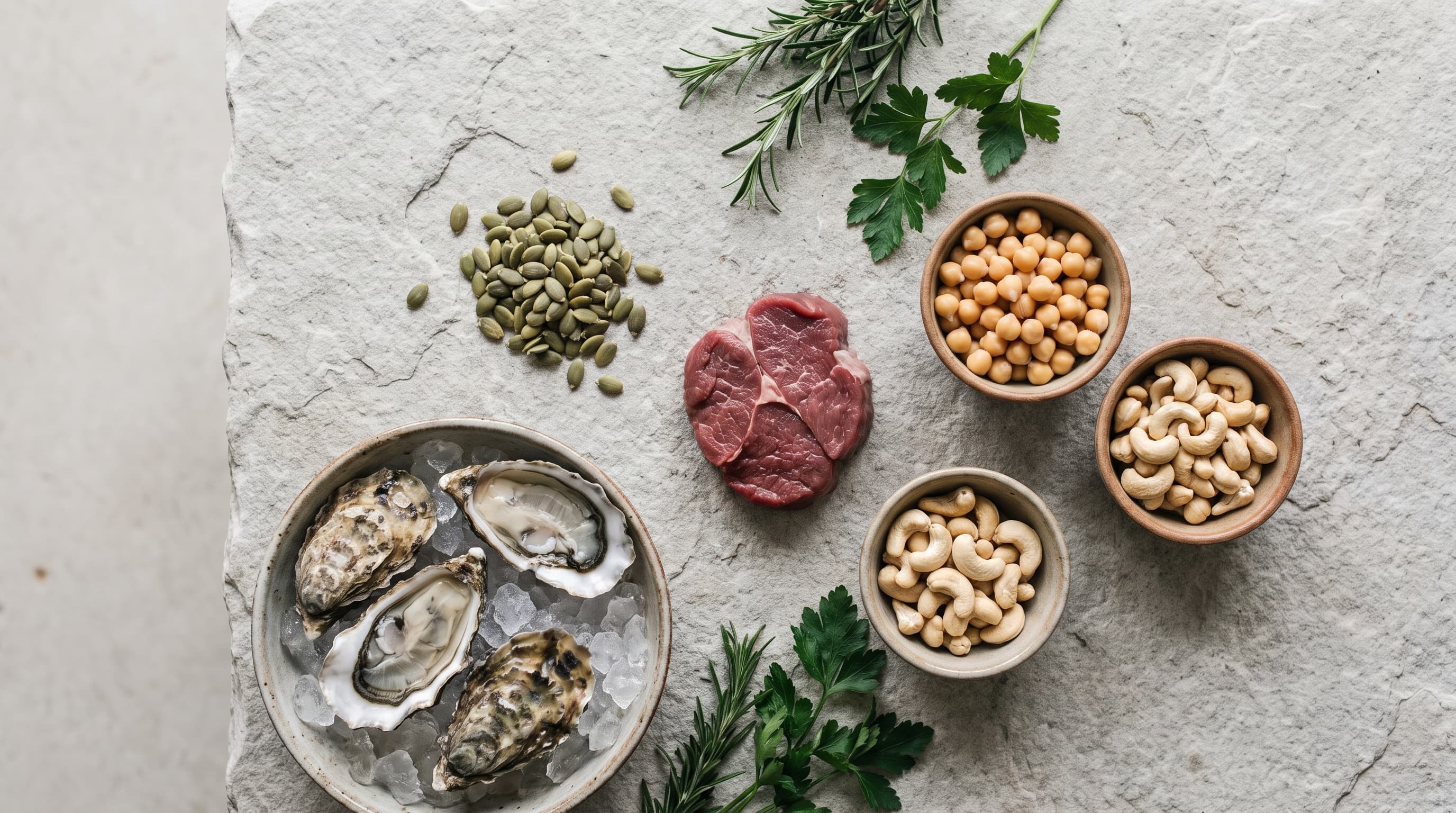 Rohes Rindfleisch, Kürbiskerne und Austern auf Eis auf einer hellen Steinplatte, dazu Rosmarin und Petersilie