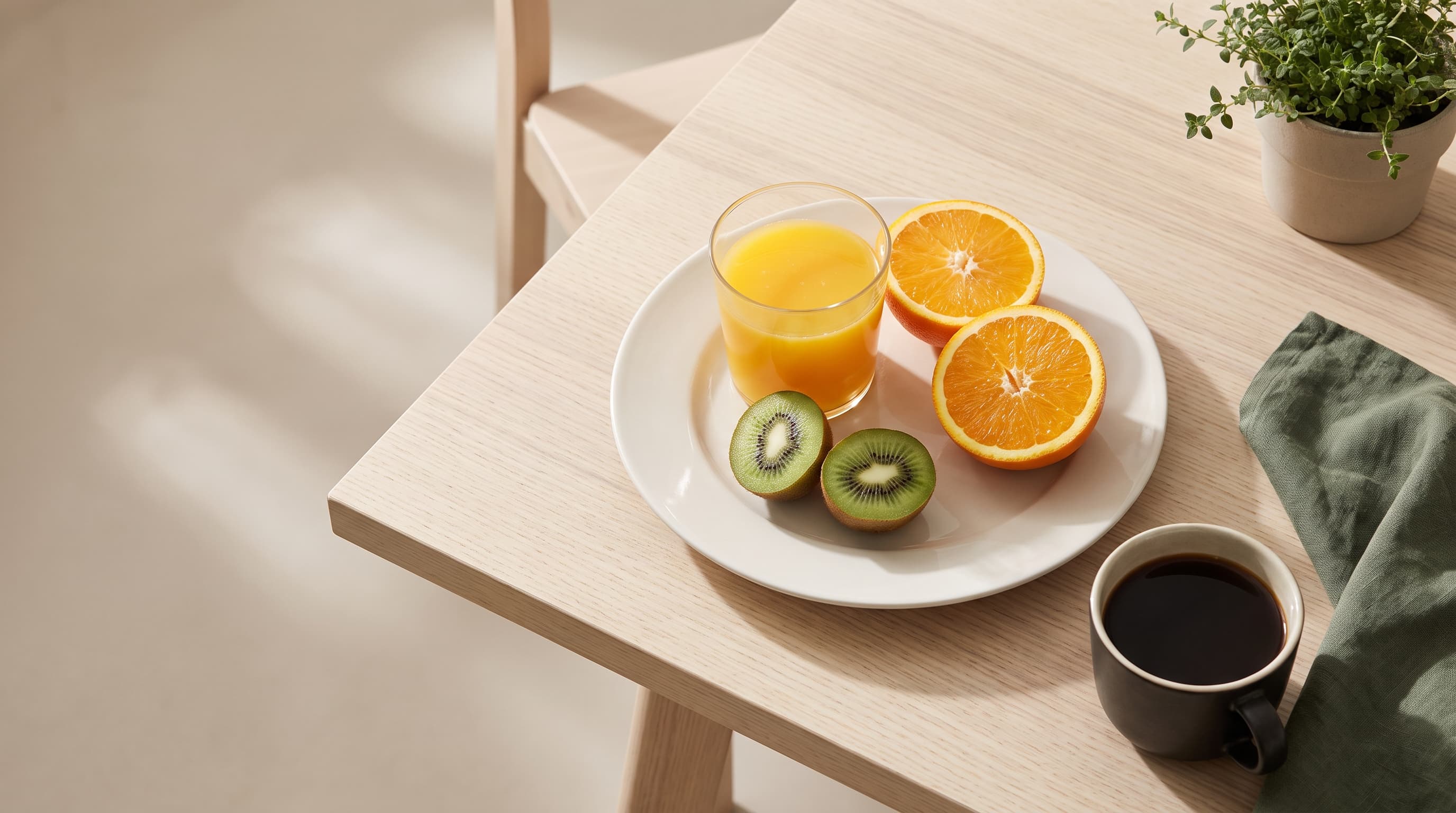 Ein Glas Orangensaft, halbierte Orangen und eine kleine Tablette auf einem Frühstückstisch im Morgenlicht
