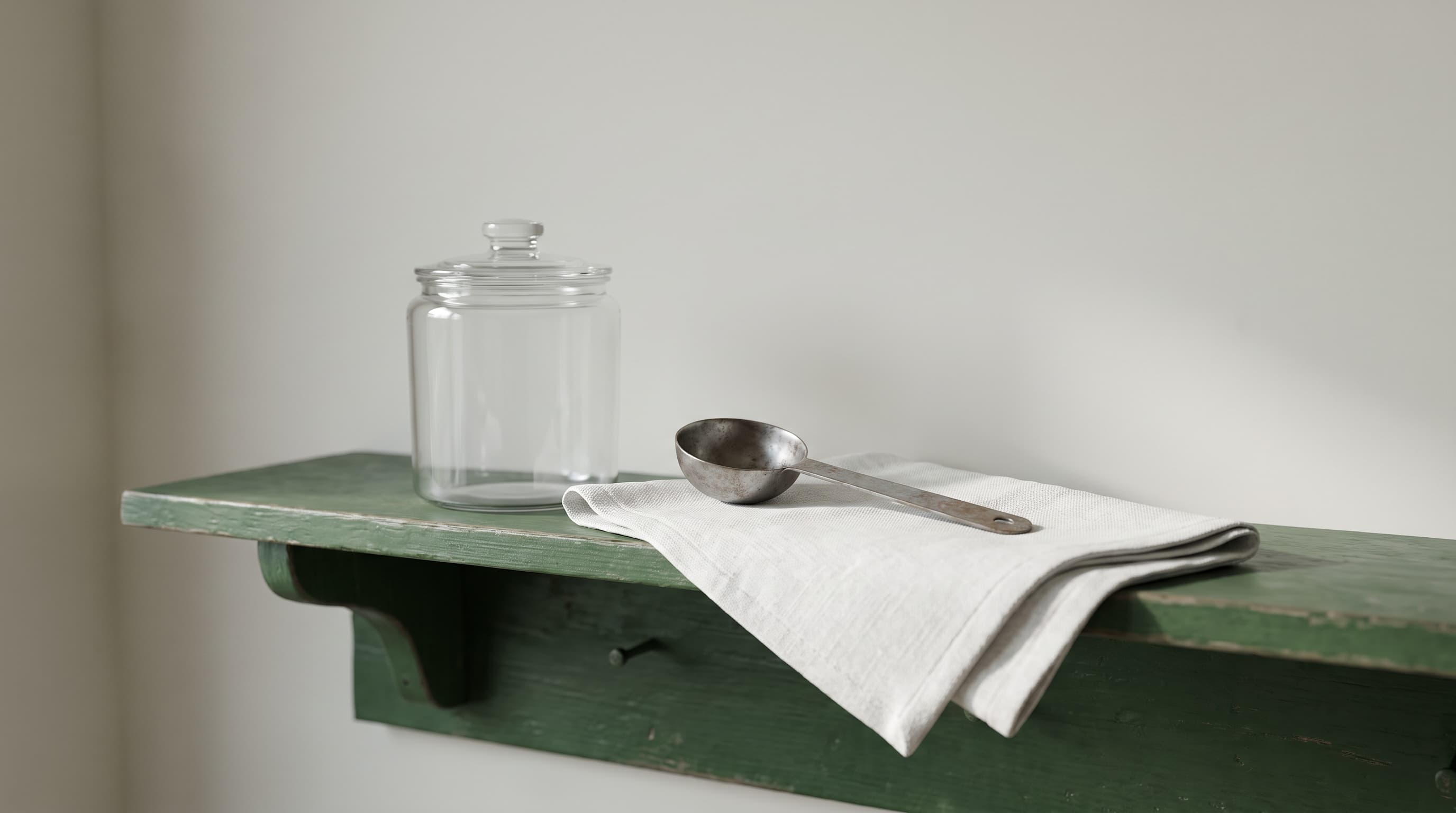 An empty glass jar with a lid and a metal measuring scoop on a folded linen cloth on a high green-painted wooden shelf