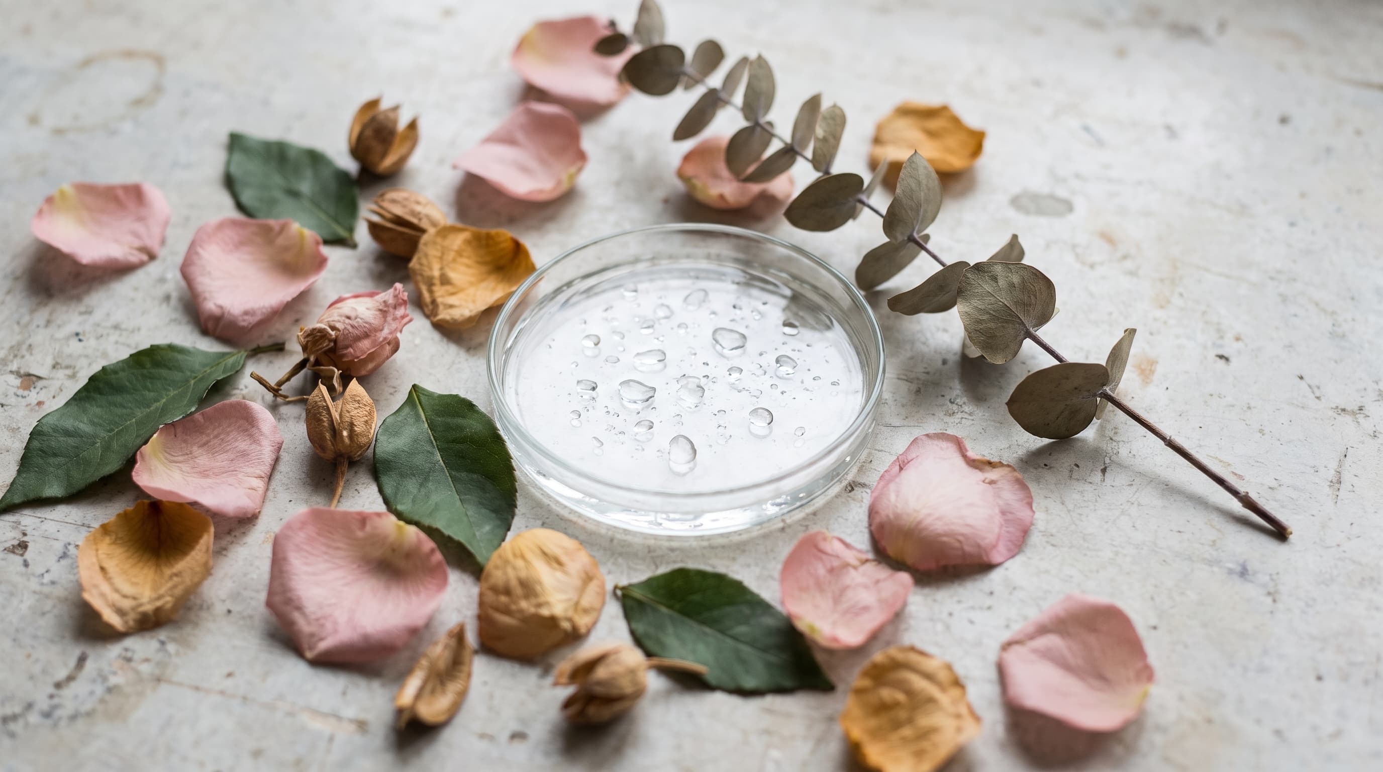 Une coupelle en verre remplie de gouttes d’eau claire, entourée de pétales et de boutons de rose séchés, de feuilles vertes et d’un brin d’eucalyptus sur une surface en pierre claire