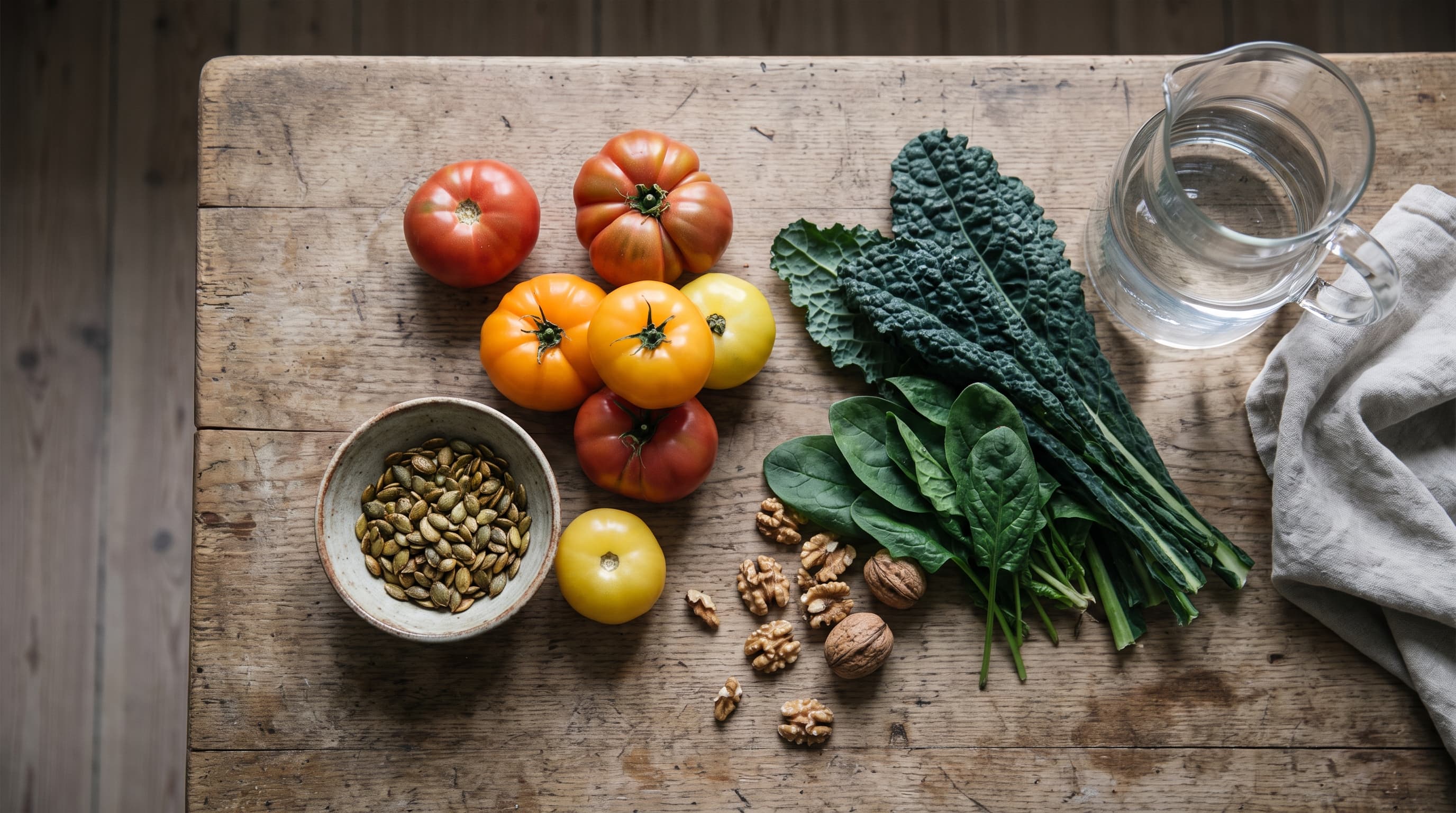 Des tomates de plusieurs couleurs, un bol de graines de courge, des noix, du chou kale, des épinards et une carafe d’eau sur une vieille table en bois